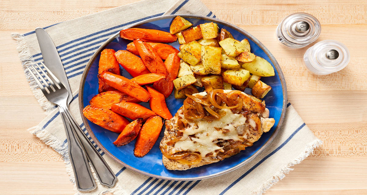 French Onion Chicken with Thyme-Roasted Potatoes & Carrots