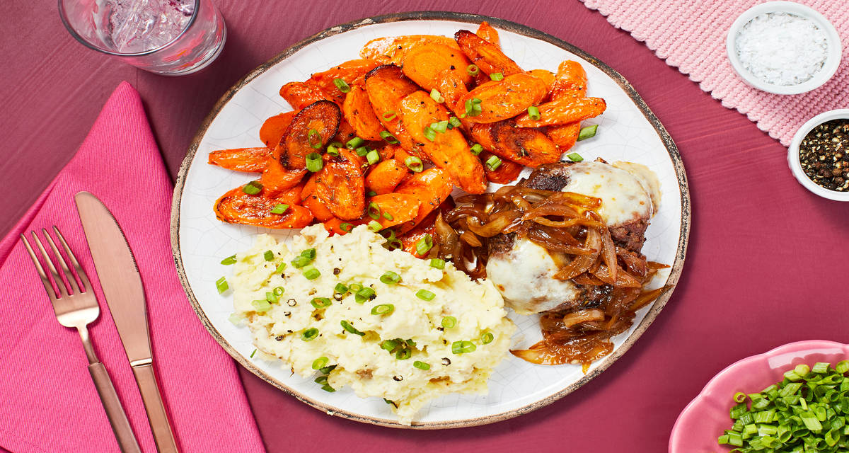 French Onion Meatloaves with Mashed Potatoes and Thyme-Roasted Carrots