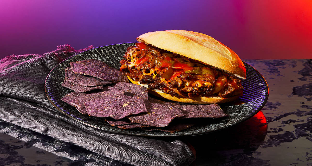 Galactic Beef Melts with Blue Corn Tortilla Chips & Hot Sauce