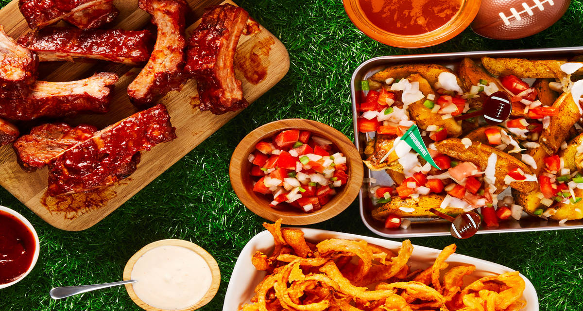 Game Day BBQ Ribs with Loaded Potato Wedges, Crispy Buffalo Onion Straws & Blue Cheese Sauce