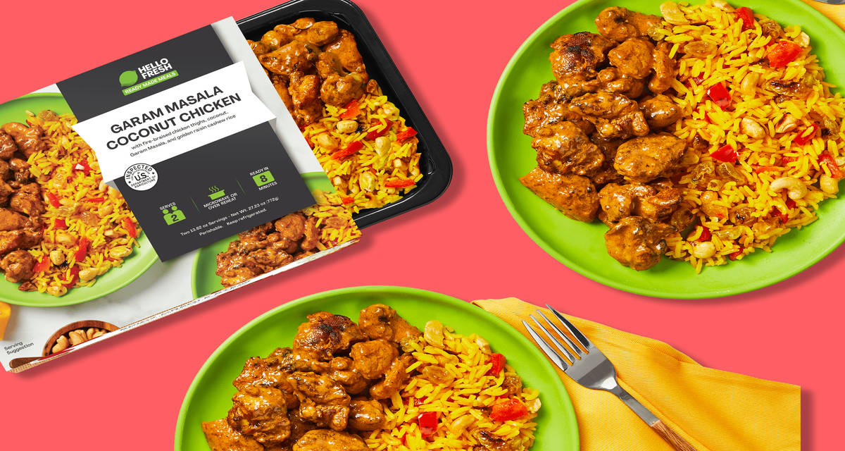 Garam Masala Coconut Chicken Serves 2 | with fire-braised chicken thighs, coconut, Garam Masala, and golden raisin cashew rice