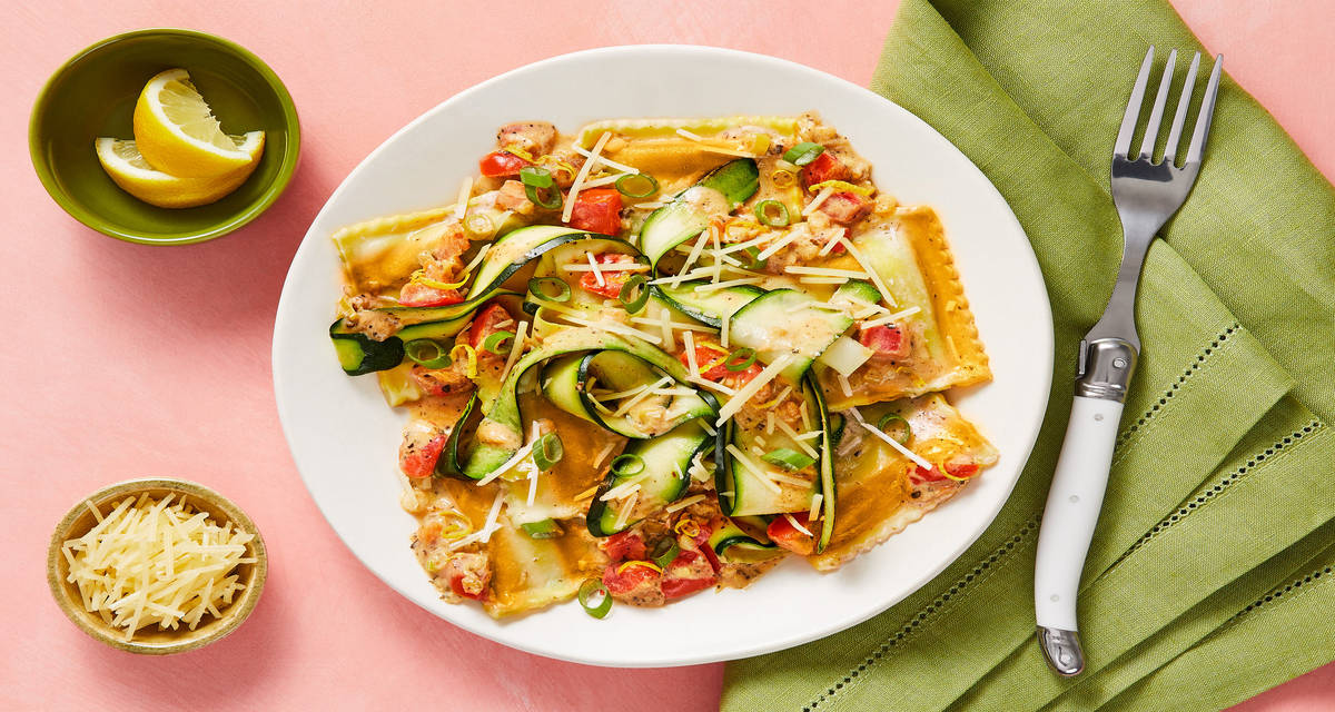 Garden Mushroom-Stuffed Ravioli with Zucchini Ribbons, Tomato & Creamy Lemon Sauce