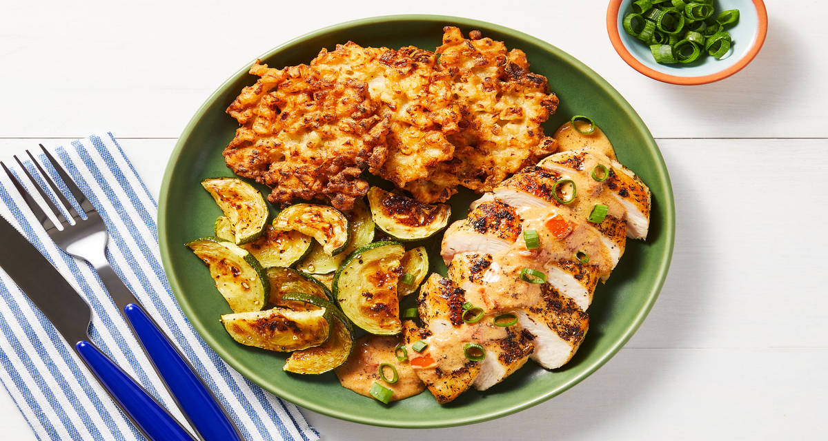 Garden Ranch Chicken with Cauliflower “Rice” Fritters, Zucchini & Creamy Mushroom Sauce