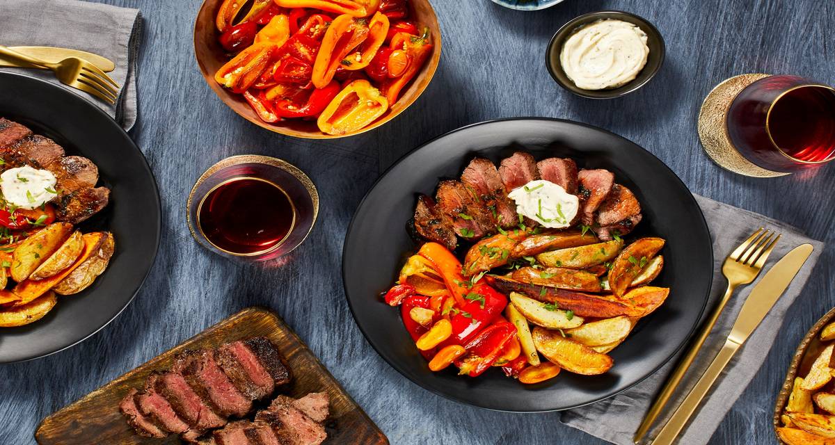 Garlic Herb Butter Steak with Roasted Potatoes and a Mini Bell Pepper Jumble