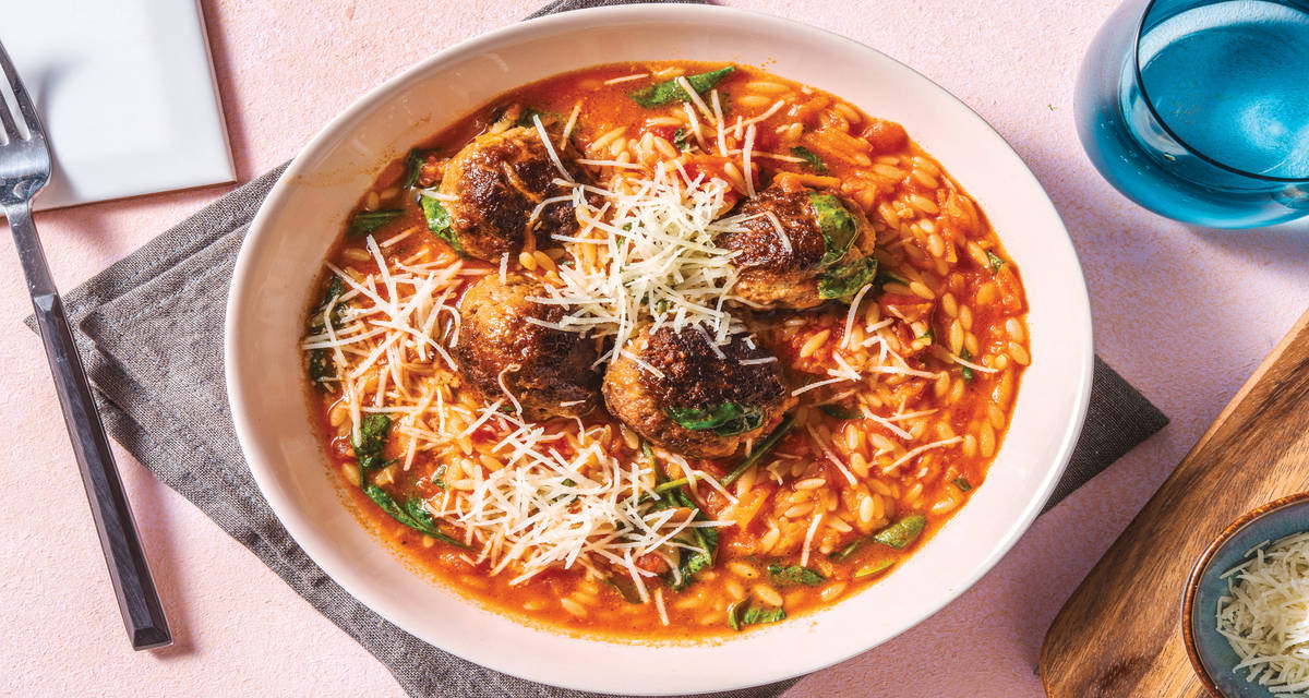 GarlicHerb Meatballs & Red Pesto Risoni Recipe HelloFresh