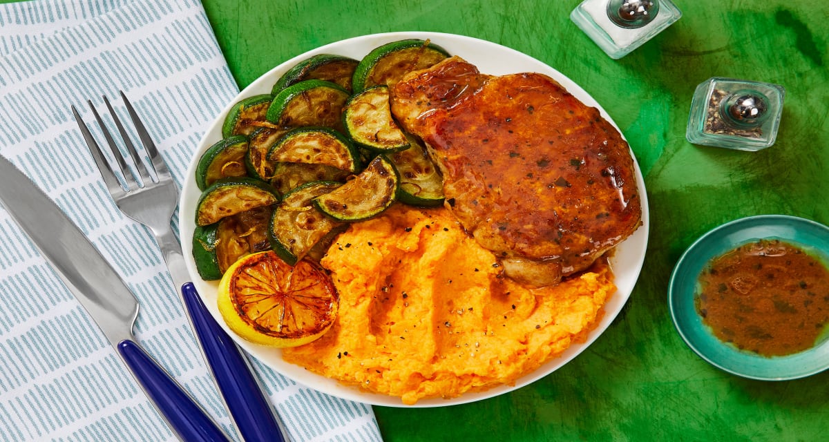 Garlic Herb Pork Chops with Mashed Sweet Potatoes and Lemony Roasted Zucchini-image
