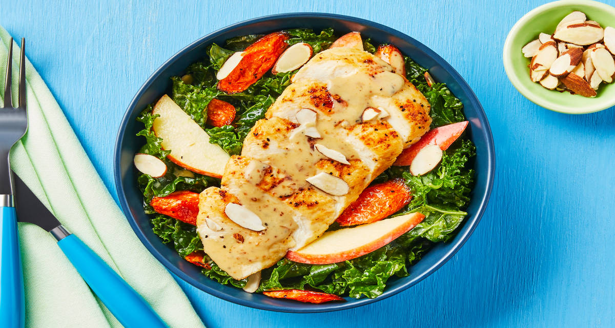 Garlicky Chicken with Kale Salad plus Roasted Carrot, Apple & Creamy Lemon Fig Dressing