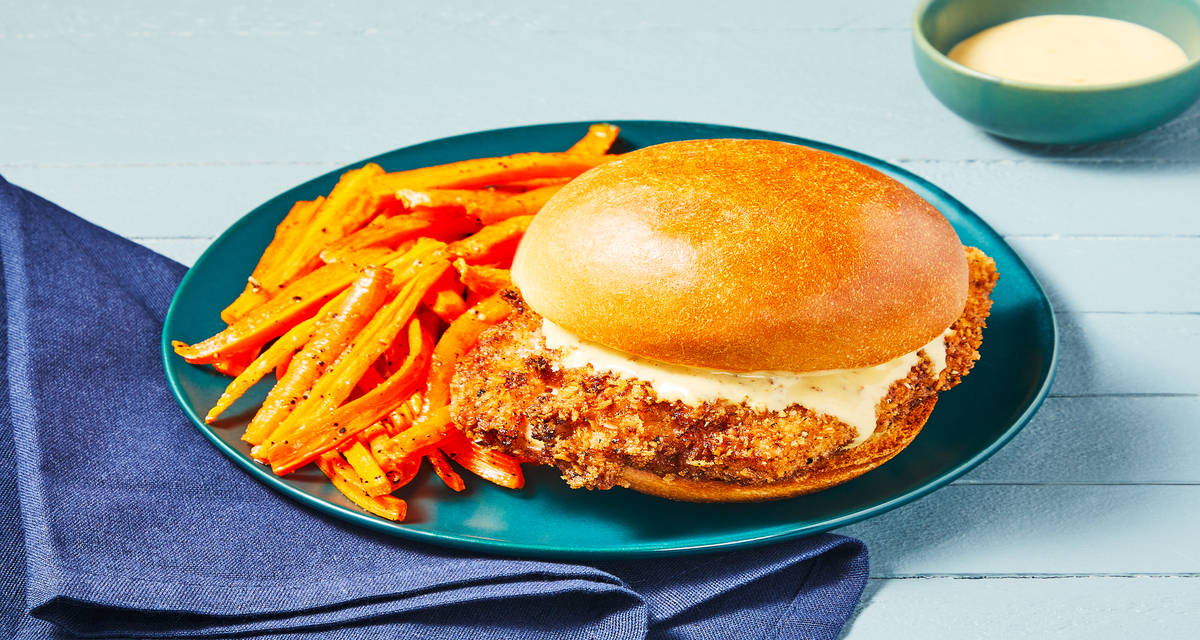Garlicky Fried Chicken Sandwiches with Honey Mustard Mayo & Roasted Asparagus