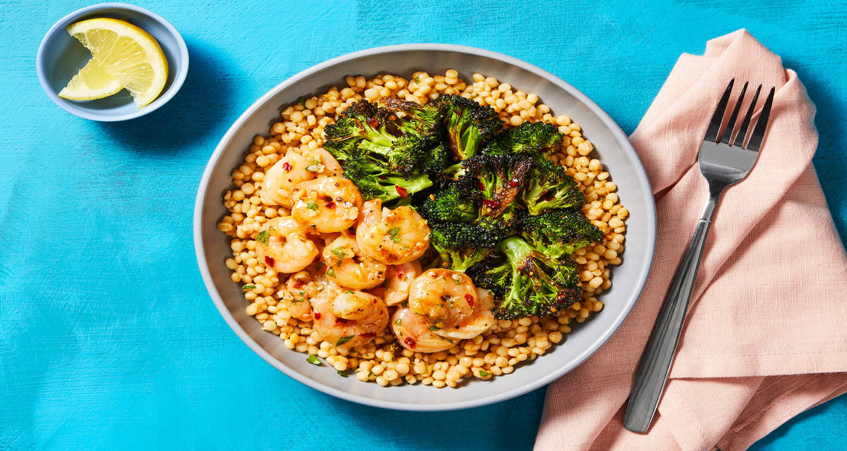 Garlicky Shrimp Couscous Bowls with Chili-Roasted Broccoli & Fresh Parsley