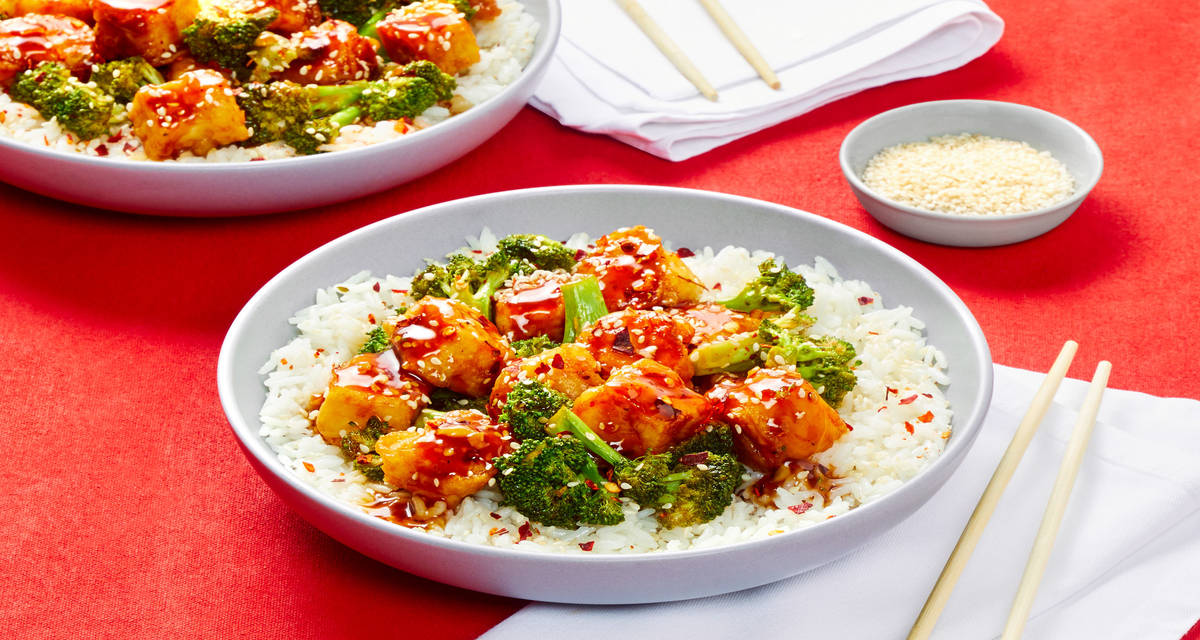 General Tso's Tofu with Steamed Broccoli & Rice