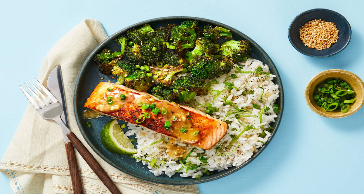 Ginger Lime Salmon with Scallion Rice & Roasted Sesame Broccoli
