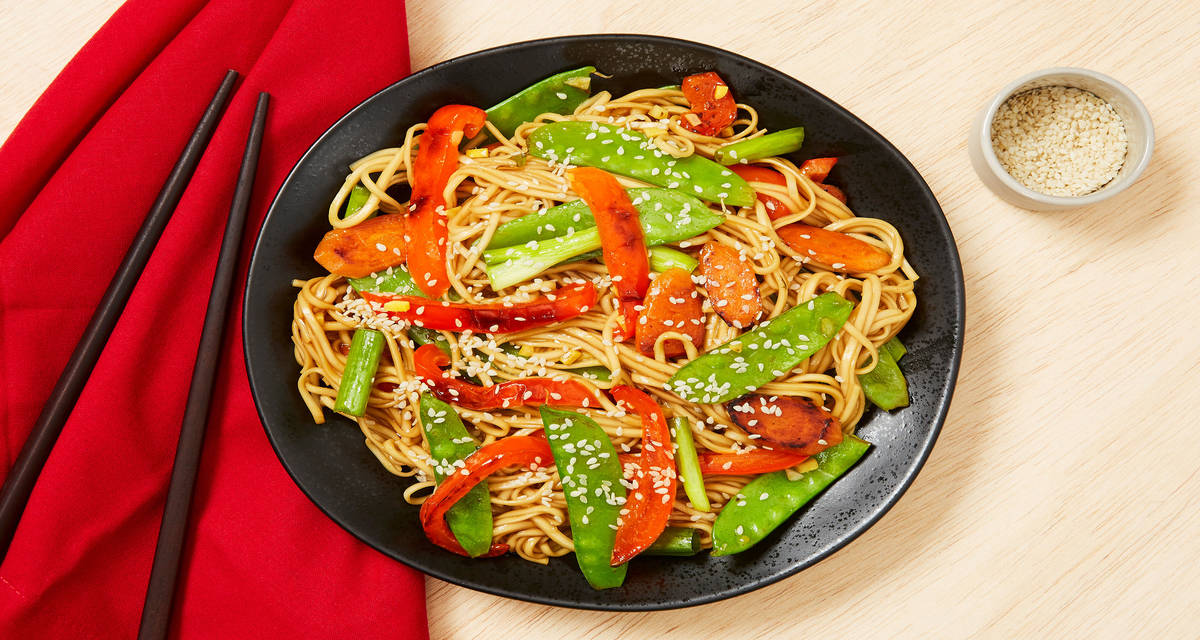 Ginger Soy Noodle Stir-Fry with Carrot, Snow Peas & Bell Pepper
