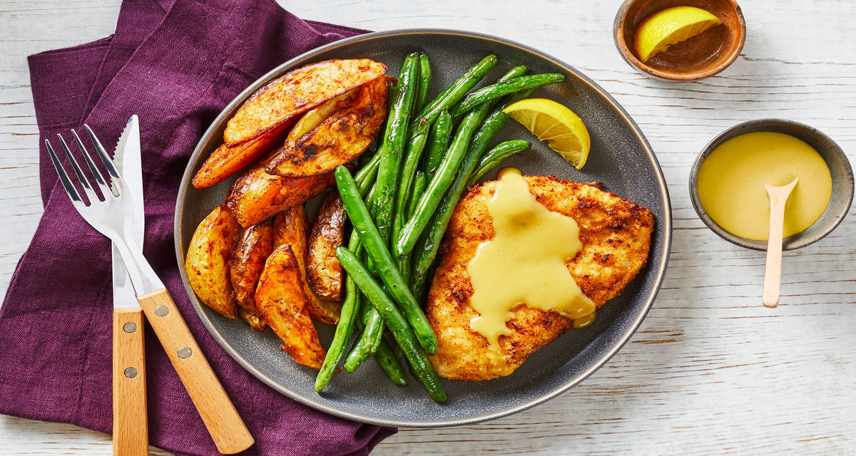 Golden Chicken Schnitzel with Roasted Potatoes, Green Beans & a Creamy Honey Dijon Dipper