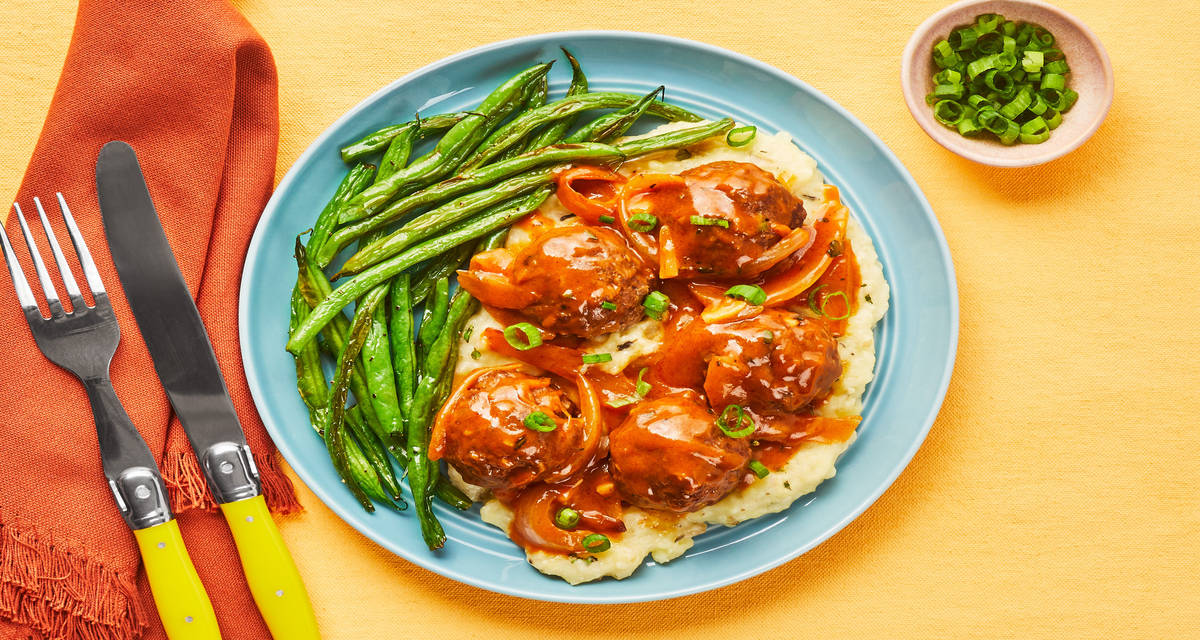 Gravy-Smothered Meatballs over Thyme Mashed Potatoes with Roasted Green Beans