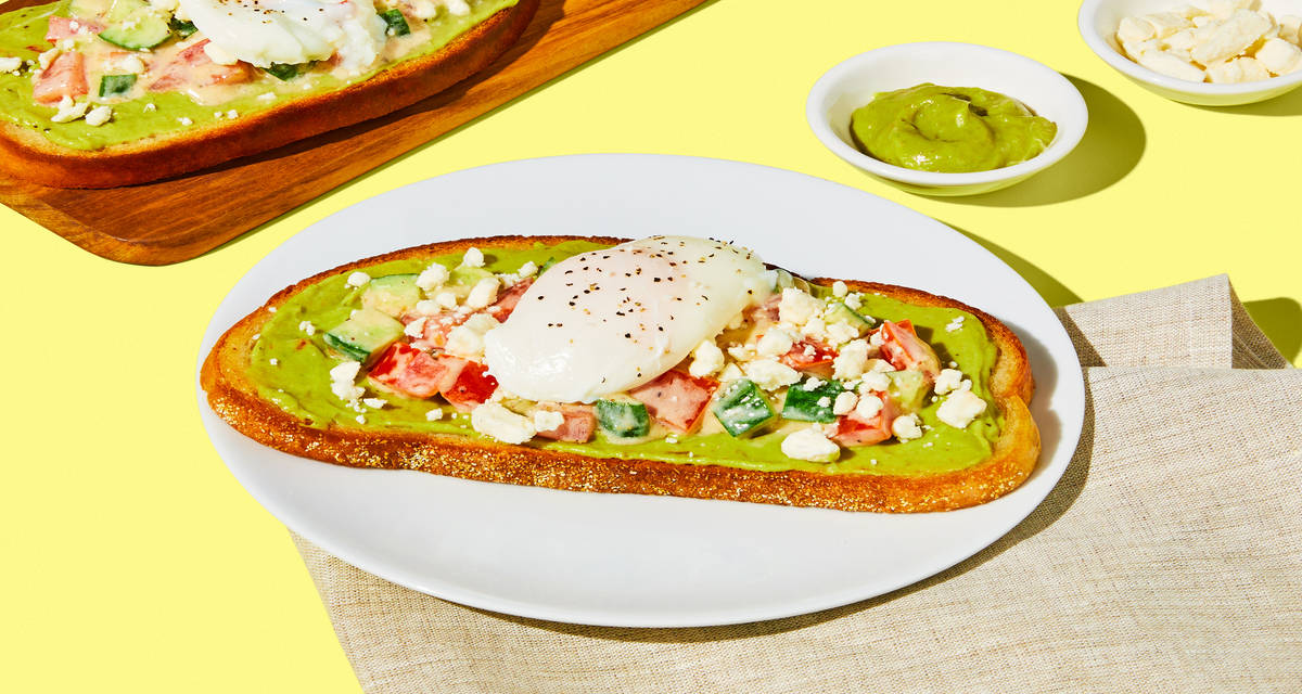 Feta-Topped Avocado Toasts with Egg plus Cucumber Tomato Salad