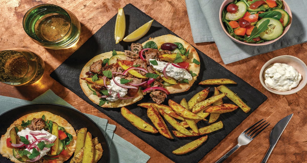 Greek-Style Lamb Gyros & Garlicky Fries with Dill Yoghurt-Fetta Sauce & Olives-image