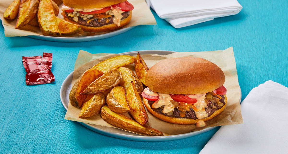 Griddled Onion Cheeseburgers with Special Sauce & Garlic Potato Wedges