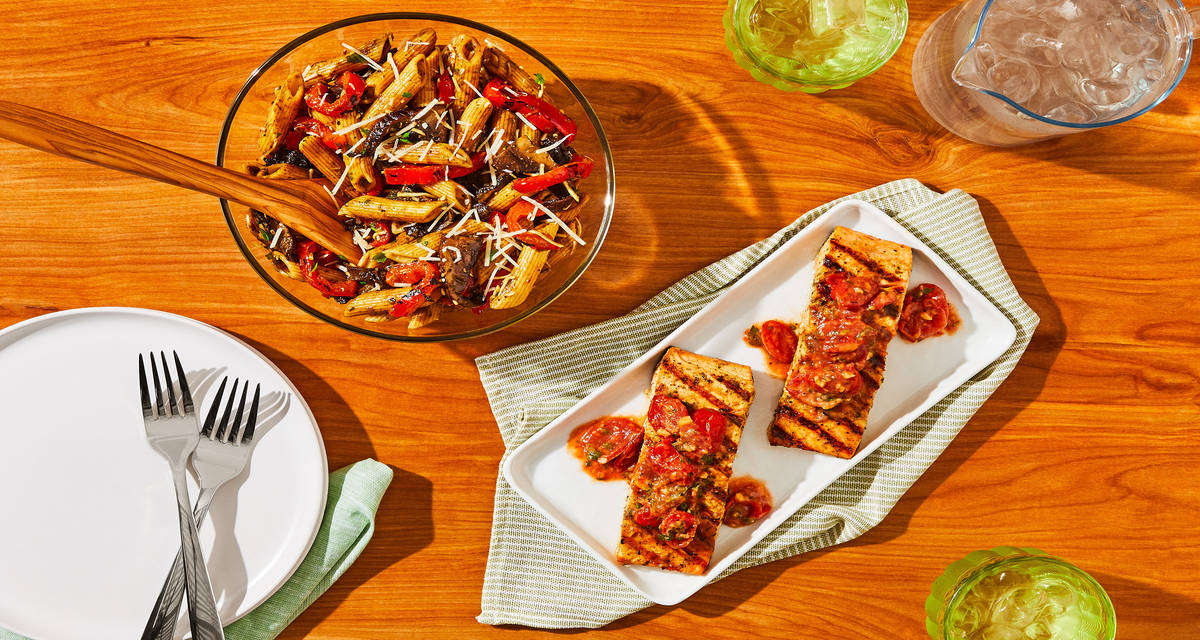 Grilled Salmon & Balsamic Tomatoes with Warm Pesto Pasta Salad & Grilled Veggies