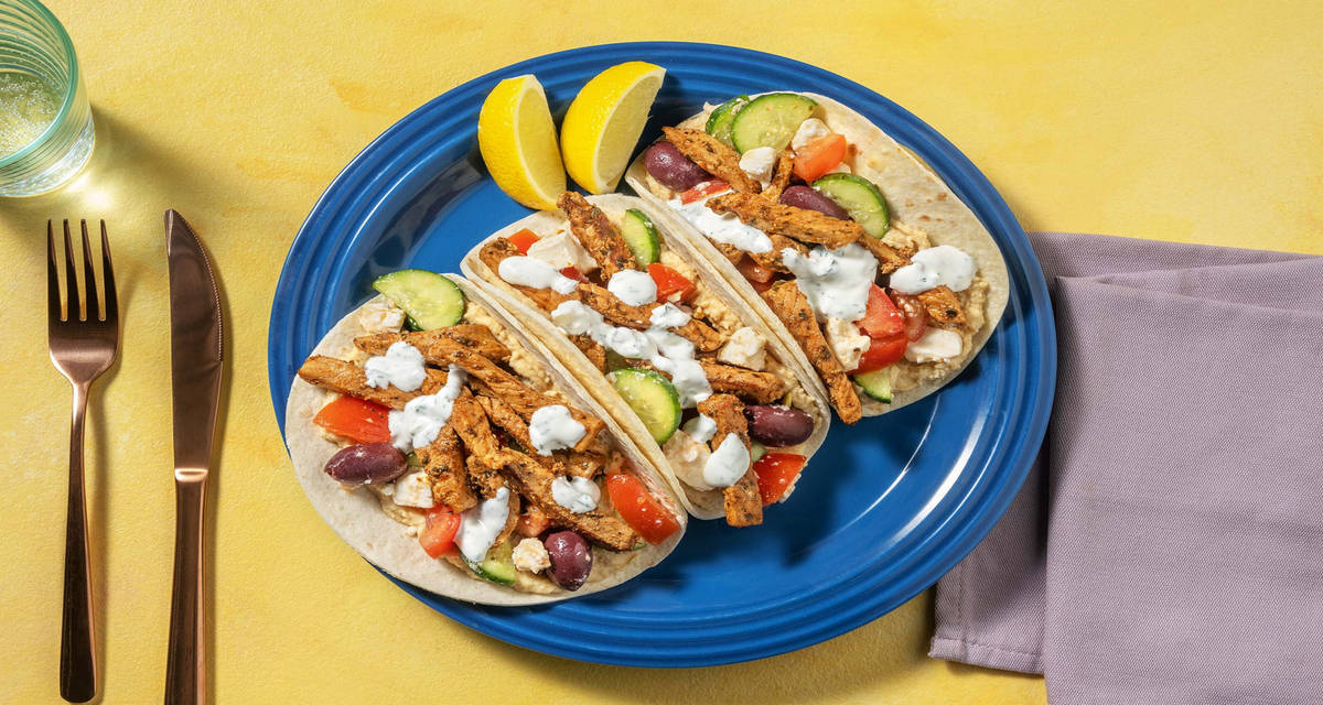 Gyros sur mini-tortillas et sauce au yaourt maison houmous et salade grecque