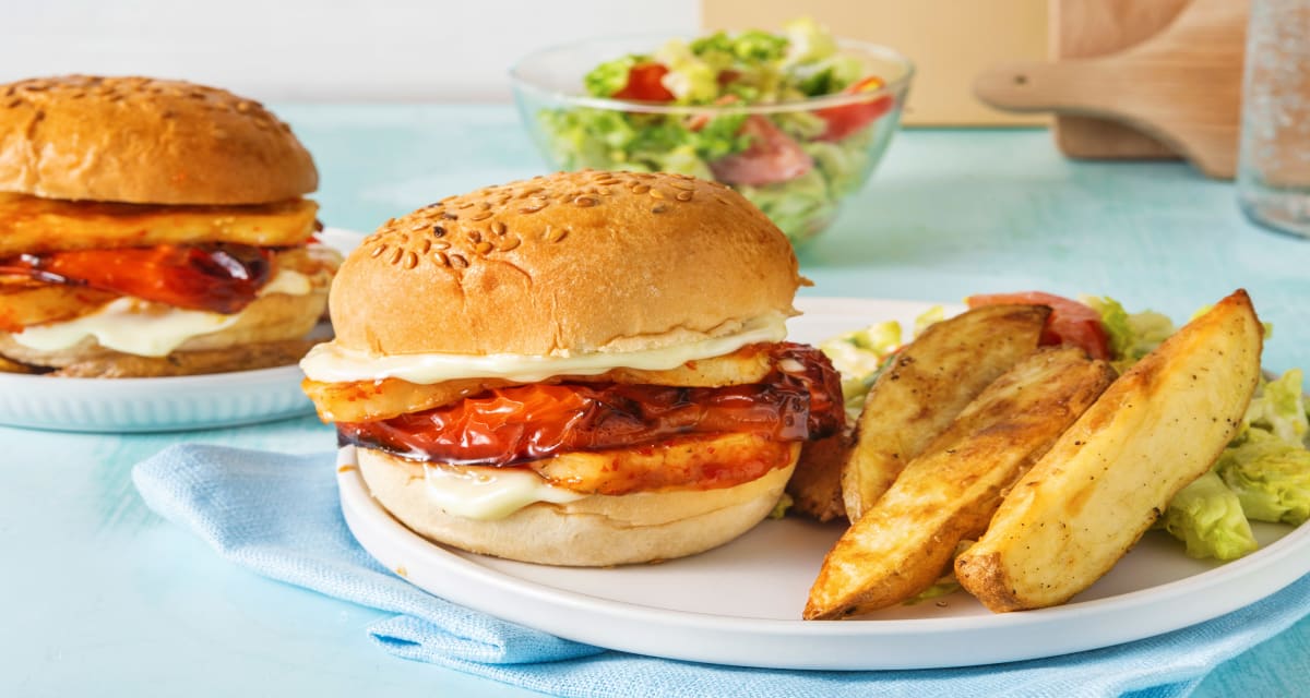 Halloumi Burger with Roasted Red Pepper and Sweet Chilli