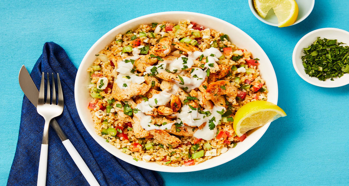 Harissa-Spiced Chicken Bowls with Cilantro & Creamy Feta Sauce