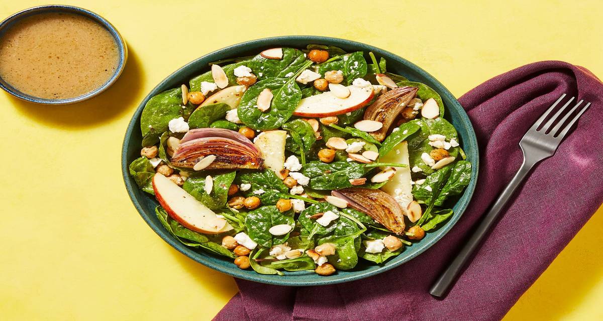Herbed Chicken & Chickpea Spinach Salad with Apple, Feta, Almonds & Italian Dressing