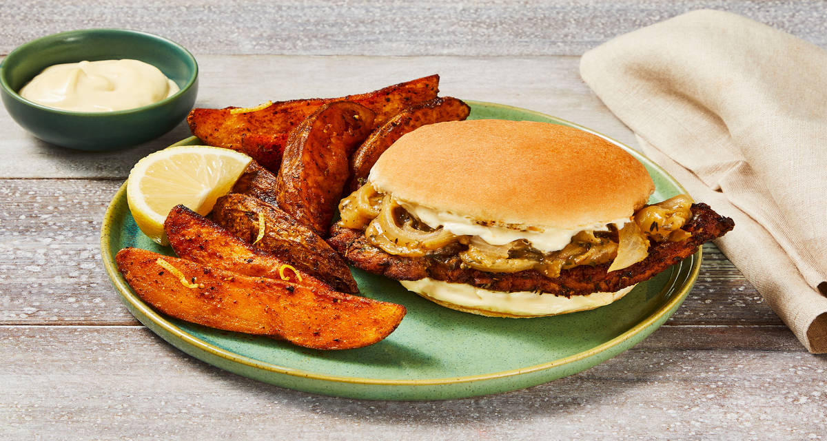 Herbed Chicken Sandwiches with Saucy Onion, Lemony Potato Wedges & Dijonnaise