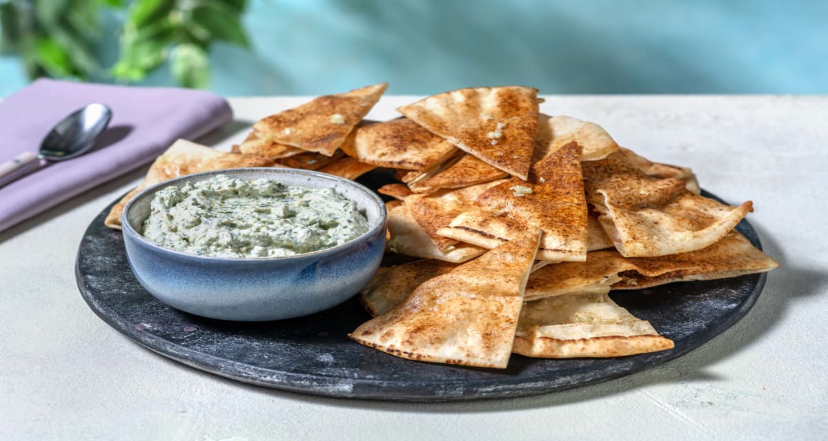 Herby Pistachio Dip with Garlic Flatbread Dippers Recipe HelloFresh