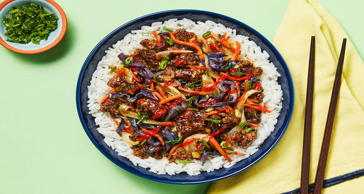 Hoisin Beef & Cabbage with Jasmine Rice & Sriracha