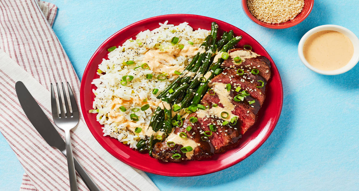 Hoisin-Glazed Steak with Scallion Rice, Ponzu Green Beans & Sriracha Mayo