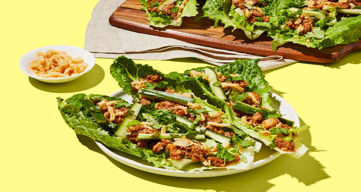 Hoisin Pulled Pork Lettuce Wraps with Lime-Marinated Cucumber & Crispy Fried Onions-image