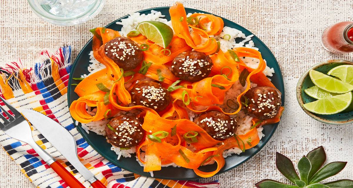 Hoisin Sriracha Beef Meatballs with Jasmine Rice and Carrot Ribbons