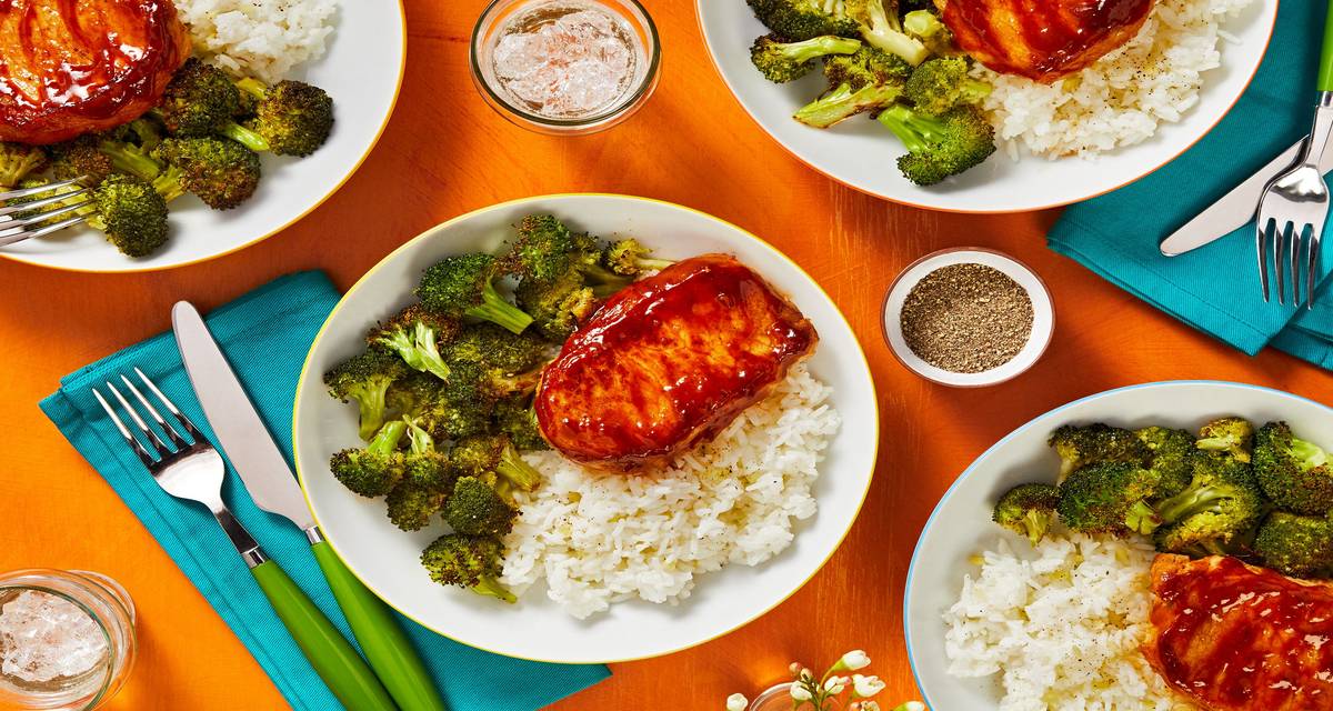 Hoisin-Sriracha Pork Chops with Roasted Broccoli and Ginger Rice