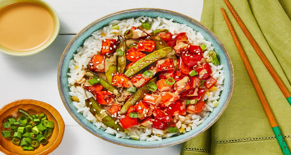 Glazy Sweet Potato & Shrimp Bowls with Ginger Rice & Sriracha Soy Mayo