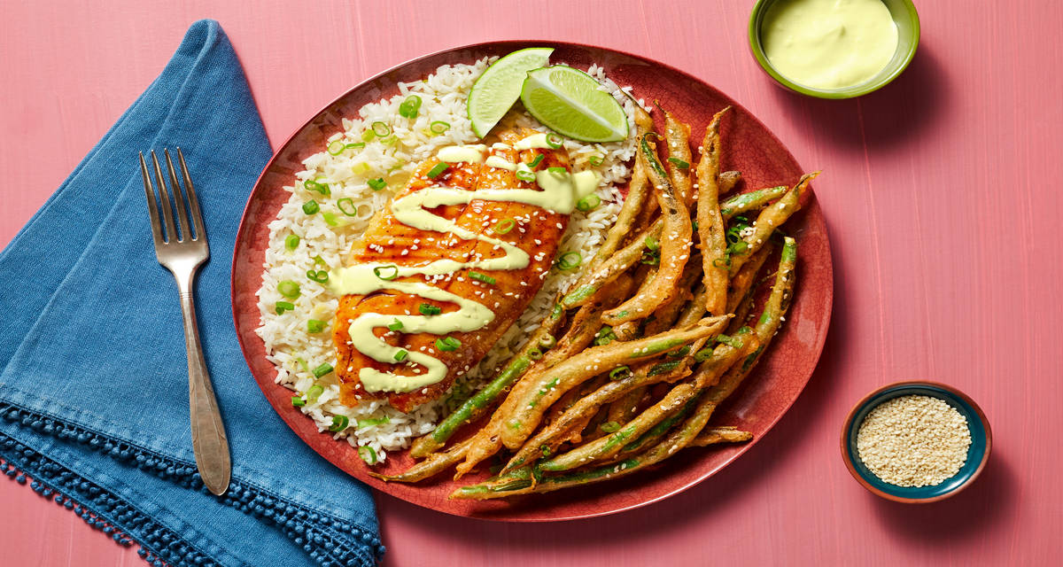 Hoisin Tilapia & Tempura Green Bean Fries with Scallion Rice & Wasabi Sauce