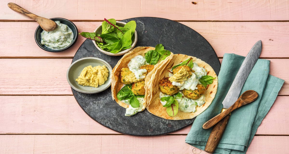 Homemade Falafel Pitas with Hummus and Herby Yoghurt