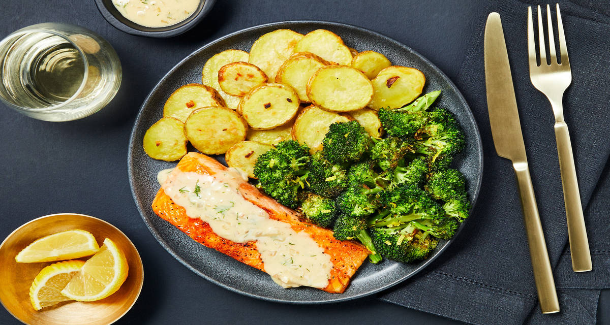 Honey Dijon Dill Trout with Shingled Potatoes & Roasted Broccoli