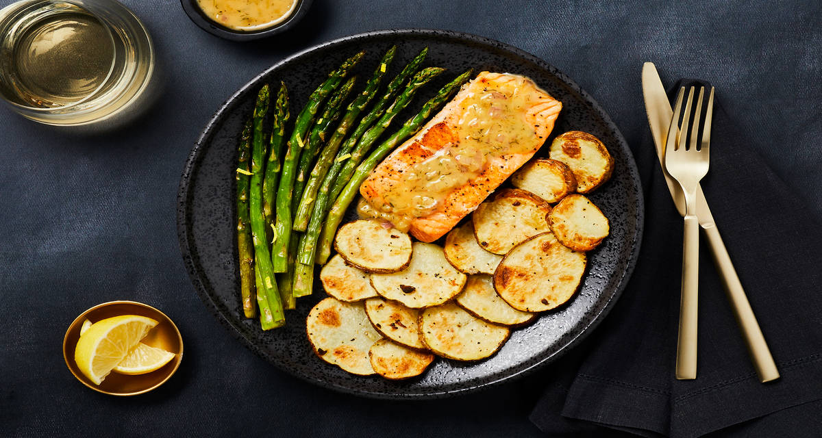 Honey Dijon Dill Trout with Shingled Potatoes & Roasted Asparagus