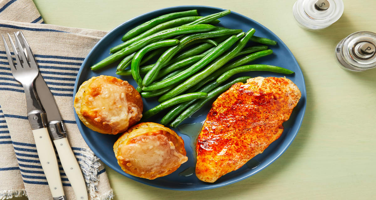 Honey-Drizzled Paprika Chicken with Cheesy Garlic Butter Biscuits & Green Beans-image