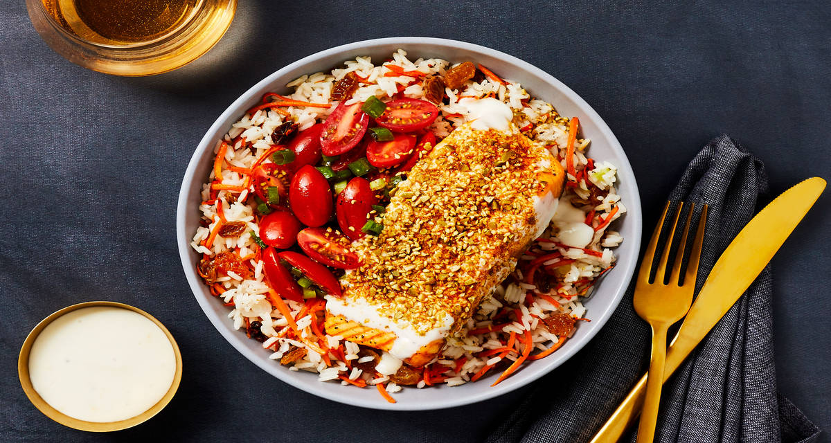 Honey Lemon Trout with Spiced Dukkah over Rice Pilaf with Tomato Salsa