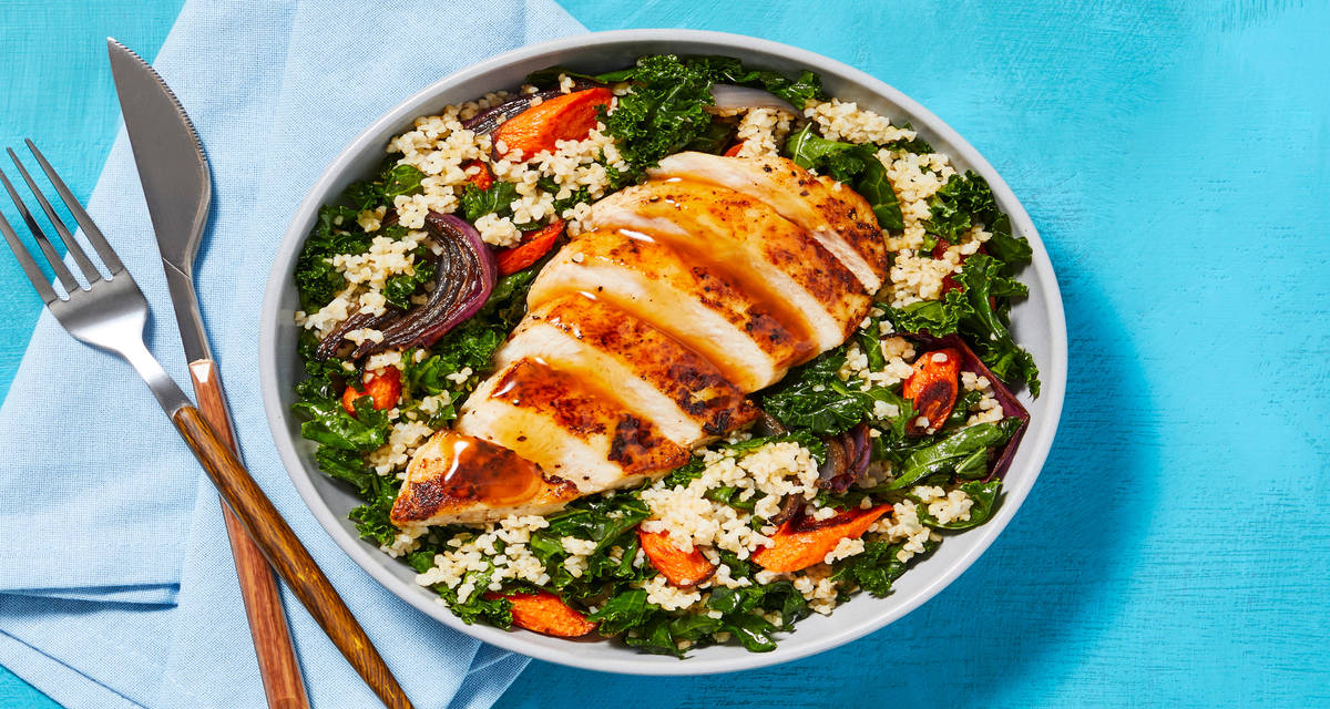Honey Miso Chicken Bulgur Bowls with Kale & Roasted Carrots