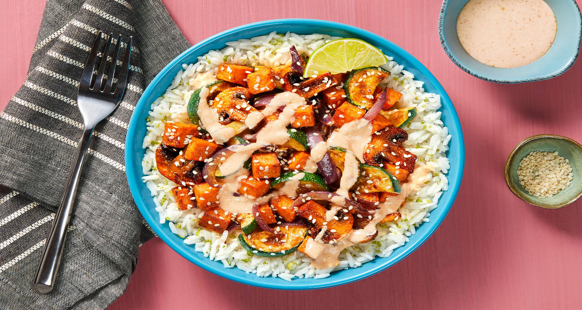 Honey Miso Sweet Potato ’Shroom Jumble over Lime Rice with Zucchini & Creamy Sriracha Sauce