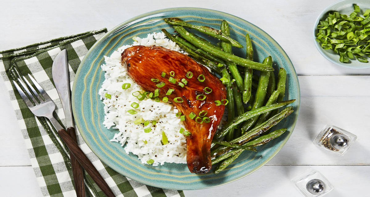 Honey Sriracha Chicken Legs with Basmati Rice and Green Beans