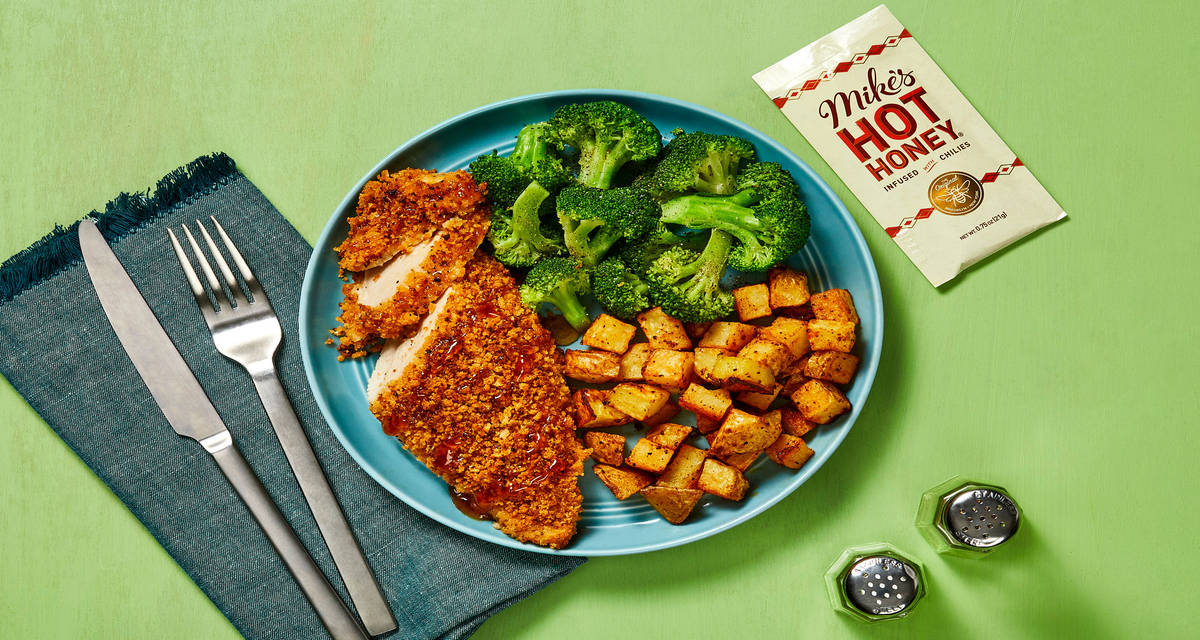 Crusted Chicken with Mike’s Hot Honey® with BBQ-Roasted Potatoes & Buttery Broccoli