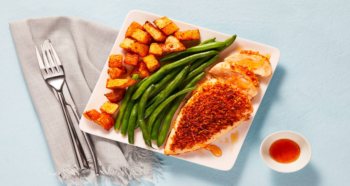Hot Honey Chicken with BBQ-Roasted Potatoes & Green Beans