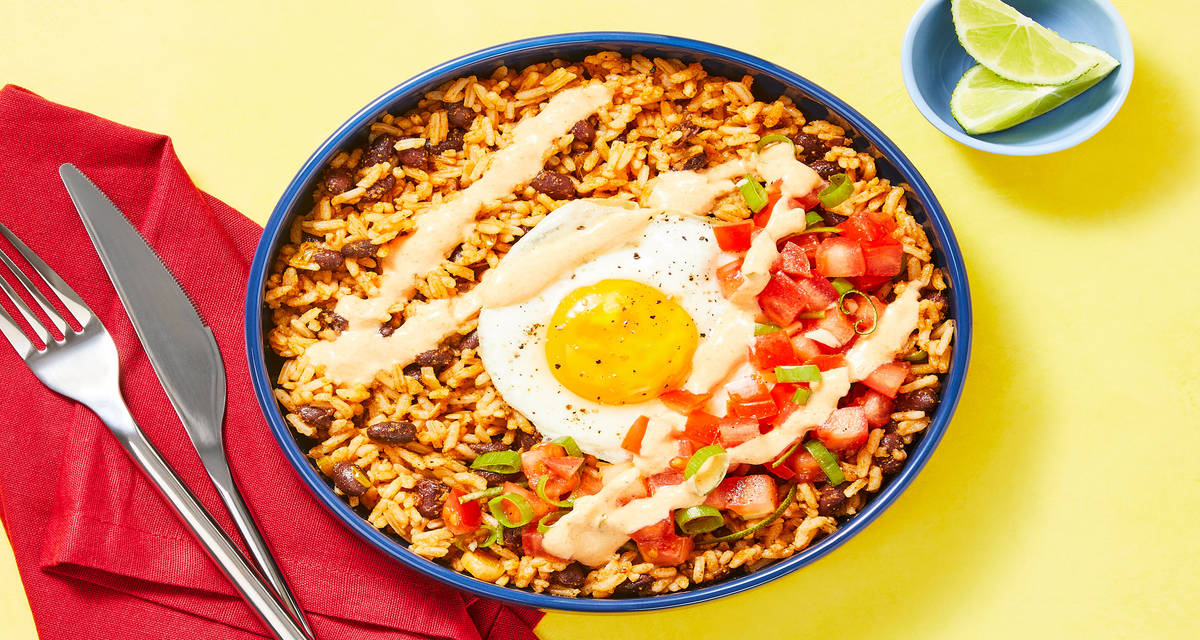 Huevos Rancheros Rice & Bean Bowls with Salsa Fresca & Creamy Enchilada Sauce