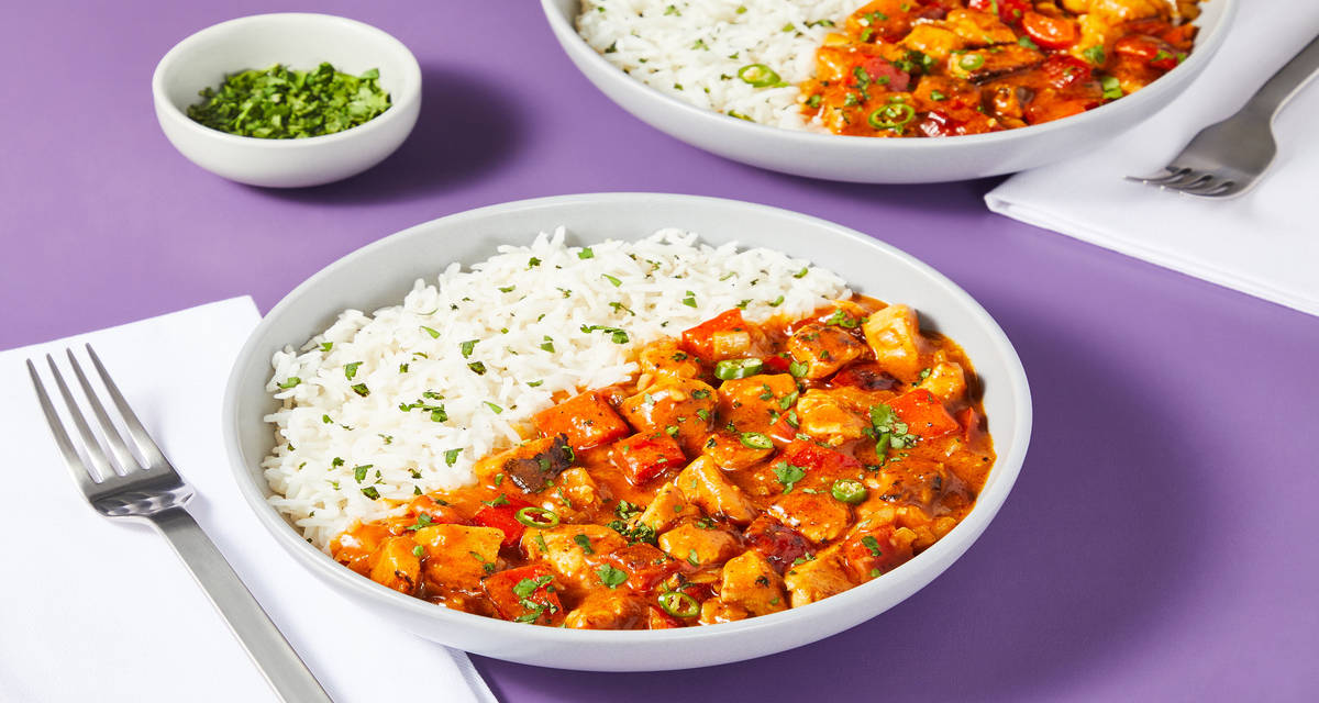 Indian-Style Chicken Curry with Rice, Bell Pepper, Onion & Cilantro