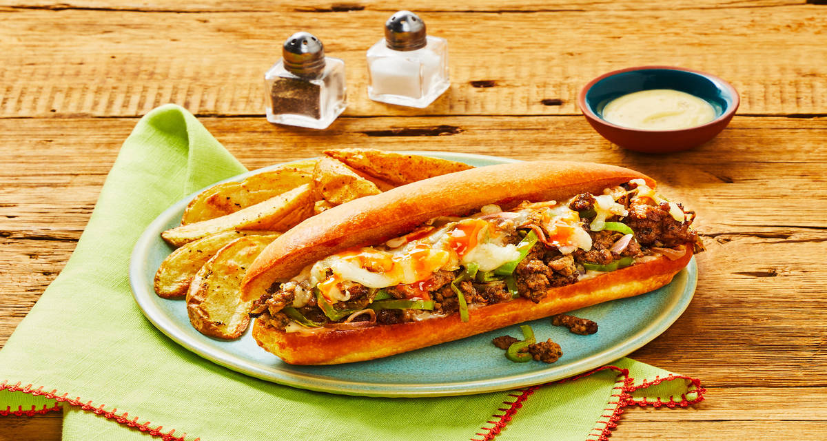 Italian Beef Melts with Onion, Pepper, Mozzarella & Roasted Potato Wedges