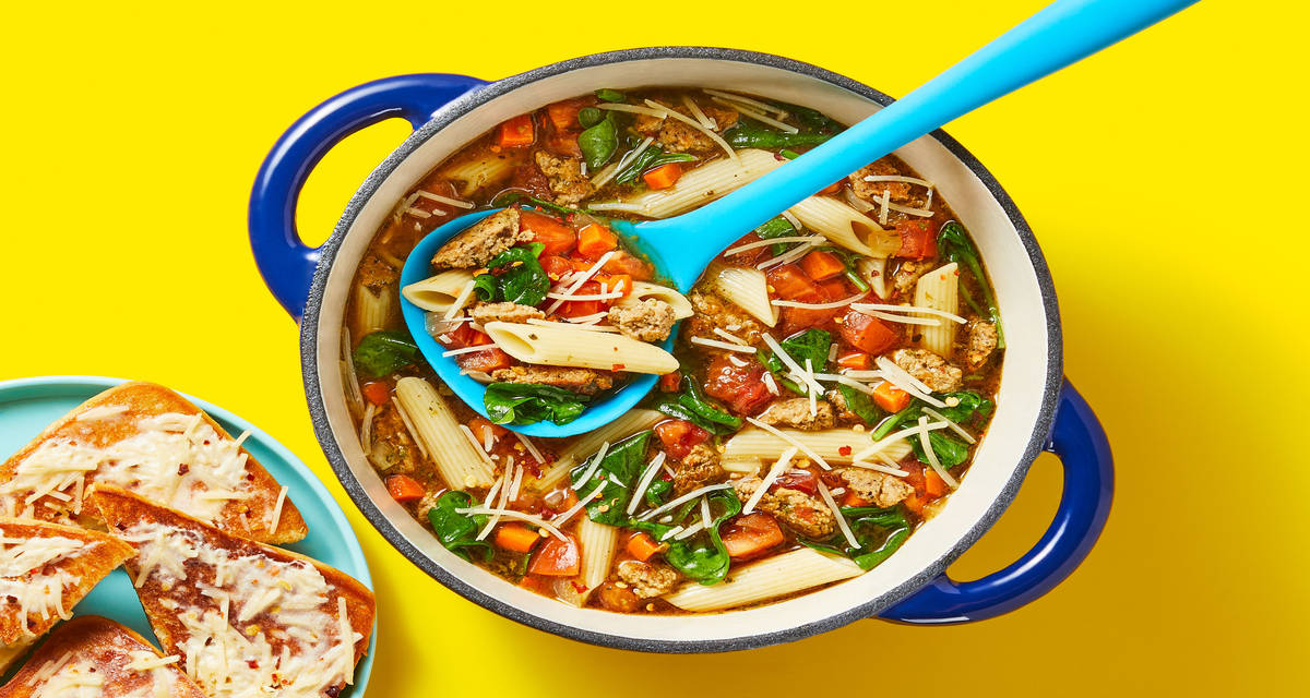 One-Pot Italian Noodle Soup with Chicken Sausage, Penne & Parmesan Toasts