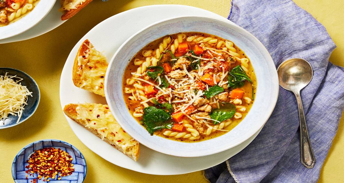 Italian Noodle Soup With Chicken Sausage, Gemelli Pasta, and Parmesan Toasts